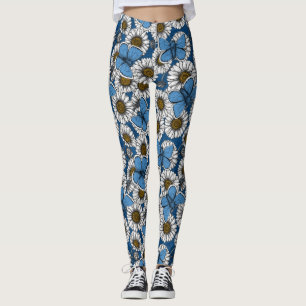 Leggings Daisies, flores silvestres blancas y mariposas azu