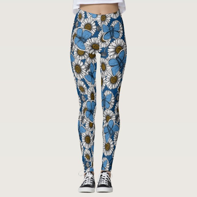Leggings Daisies, flores silvestres blancas y mariposas azu (Anverso)