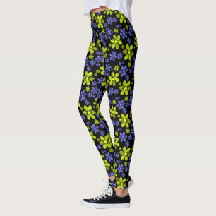 Leggings Daisies morados y amarillos con fondo negro
