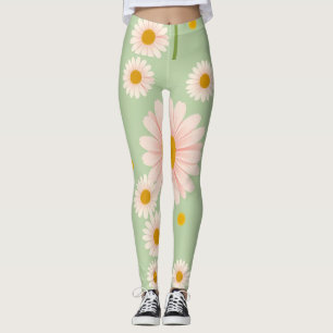 Leggings Daisies rosas sobre fondo verde claro