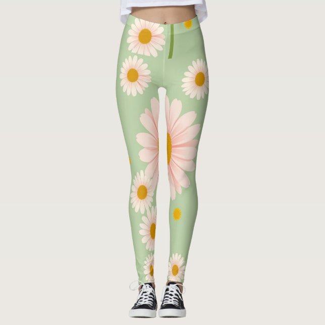 Leggings Daisies rosas sobre fondo verde claro (Anverso)