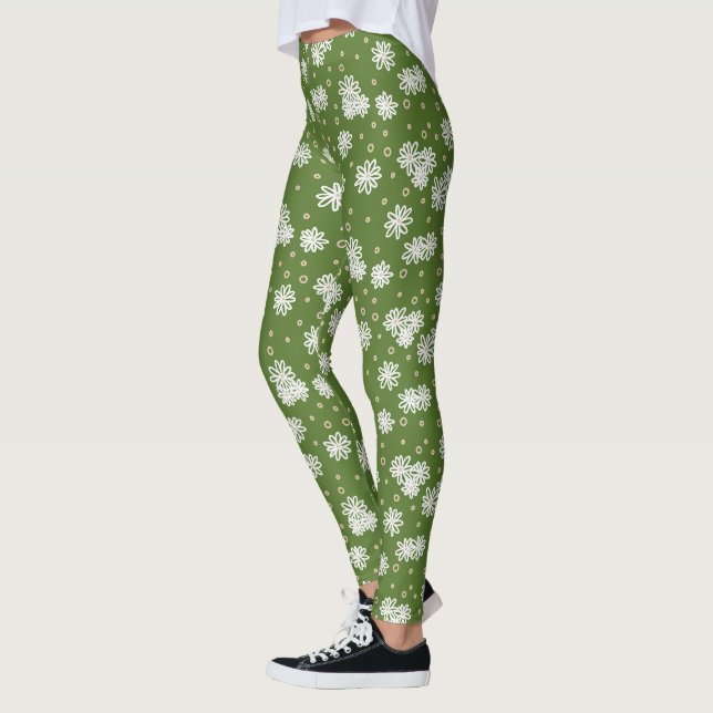 Leggings Daisies y puntos - blanco, arena y verde pálido (Izquierda)