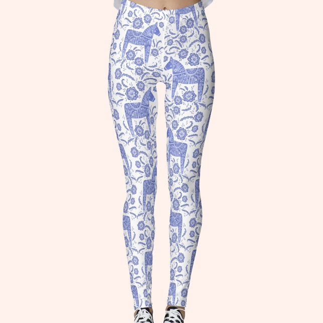 Leggings Dala Horse Patrón sueco de añil y blanco (Swedish Dala Horse blue and white pattern leggings)