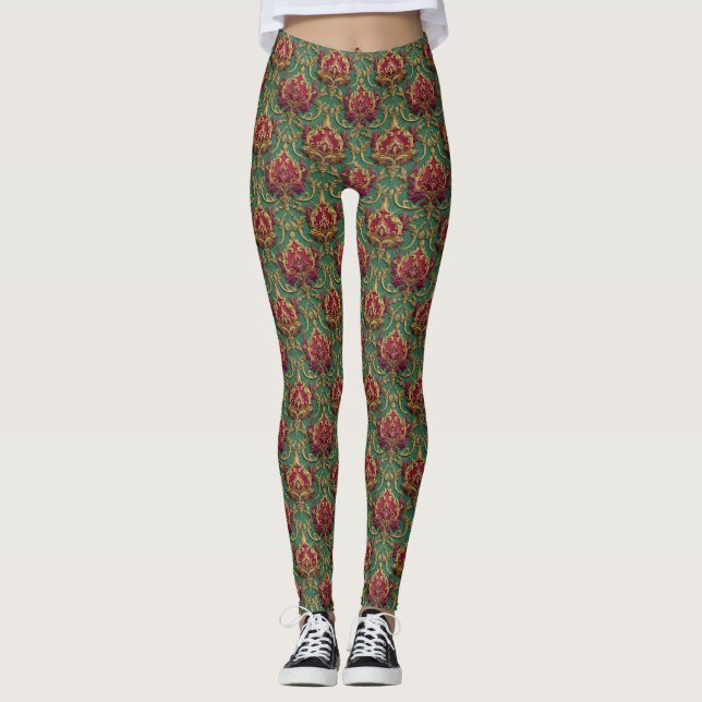 Leggings Damasco barroco de esmeralda y burdeos (Anverso)