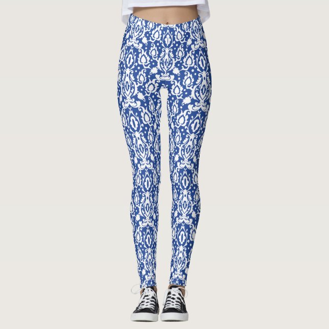 Leggings Damasco marroquí azul y blanco moderno de Casbah (Anverso)