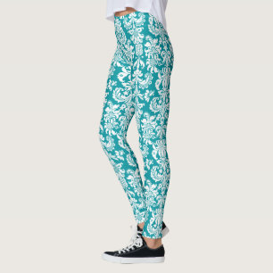 Leggings Damascos florales blancos y turquesa-azules