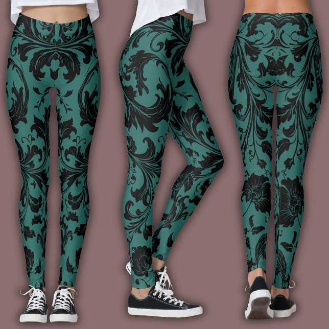 Leggings Damask Pattern | Black & Teal (Subido por el creador)