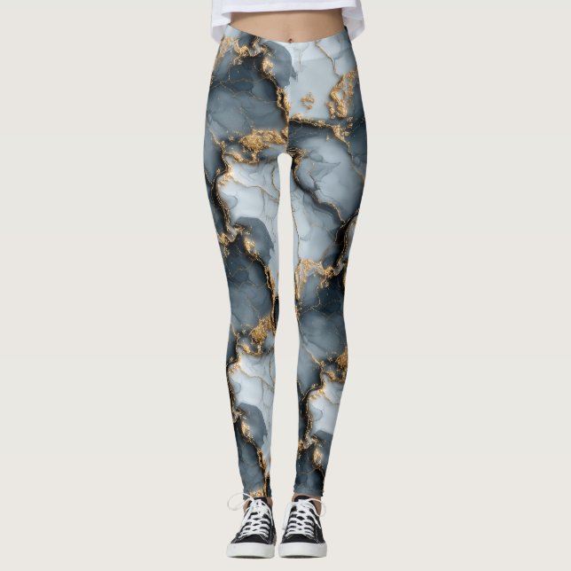 Leggings Dark Blue Marble Texture with Liquid Gold Veins (Anverso)