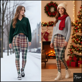 Leggings Dark Earthy Green Tan Tartan Plaid