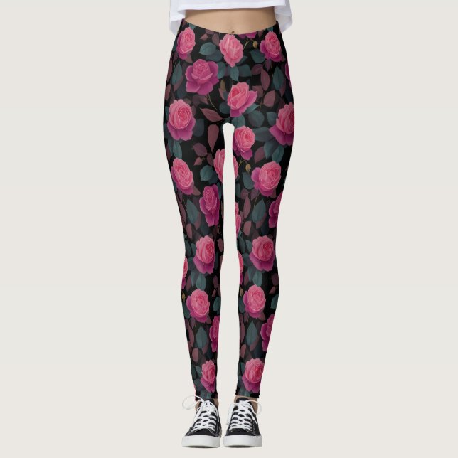 Leggings Dark Floral Pink Rose Pattern (Anverso)