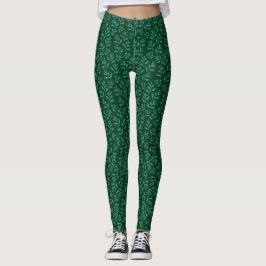 Leggings  Dark Green Background with Teal Botanical Leaves