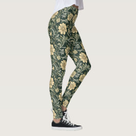 Leggings Dark green stylized yellow flowers  pattern 