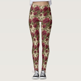 Leggings Dark Red Roses With Faded Green Leaves
