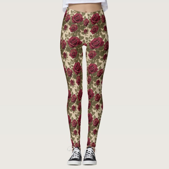 Leggings Dark Red Roses With Faded Green Leaves (Anverso)