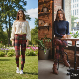 Leggings Dark Red Square Tartan Christmas Plaid