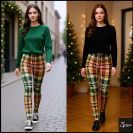 Leggings Dark Vintage Earthy Green Tan Plaid