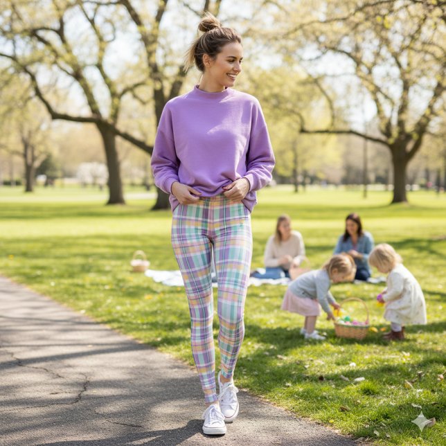 Leggings de cuadros de estilo primaveral lavanda,  (Spring stroll meets Easter joy. perfect for showcasing seasonal comfort, color, and family fun.)