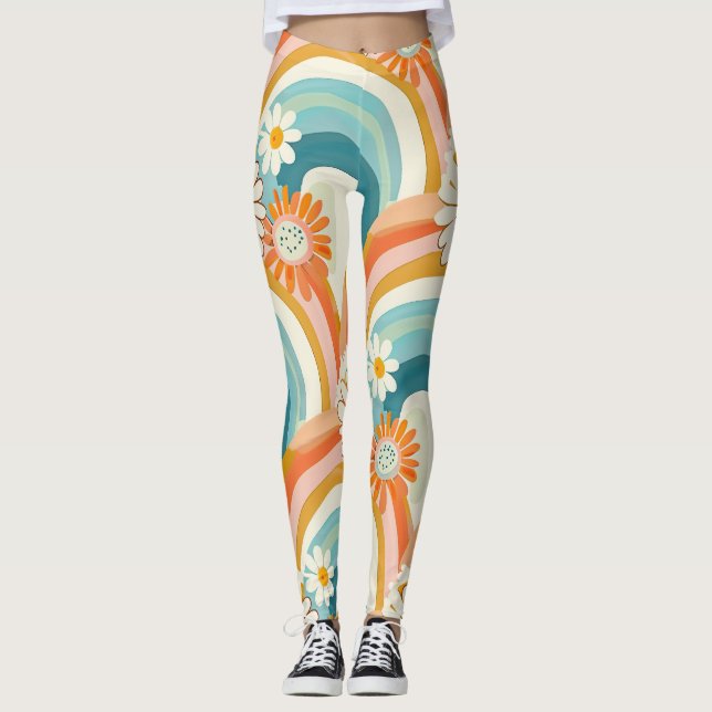 Leggings de gimnasio de yoga de arcoíris y flores  (Anverso)
