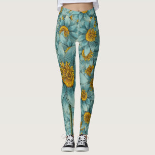 Leggings de girasol verde azulado y amarillo