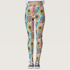 Leggings de girasol y corazón de leopardo arcoíris