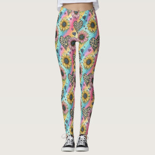 Leggings de girasol y corazón de leopardo arcoíris