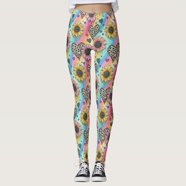 Leggings de girasol y corazón de leopardo arcoíris (Anverso)