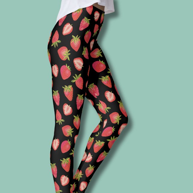 Leggings de Patrón de Fresa de Verano (Strawberry pattern leggings on black background)