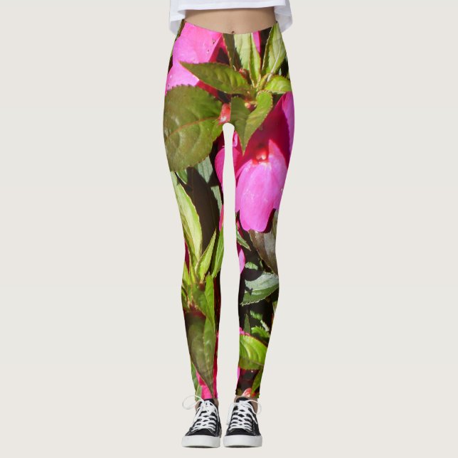 Leggings Declaración tropical rosa rojo y verde botánica (Anverso)