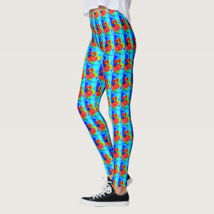 Leggings Decoración de diseño flores rojas subió y azul cla
