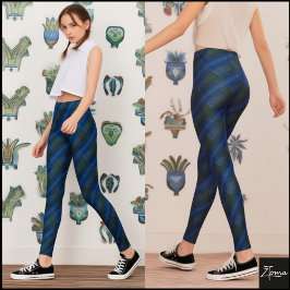 Leggings Deep Blue Green Diagonal Textured Plaid