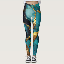 Leggings Deep Teal Marble with Bold Gold Veins