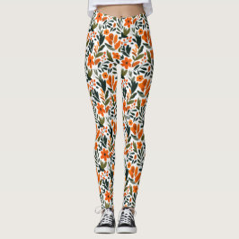 Leggings Delicate Spring Flowers Orange Floral Pattern