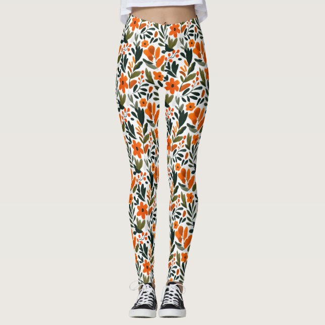 Leggings Delicate Spring Flowers Orange Floral Pattern  (Anverso)