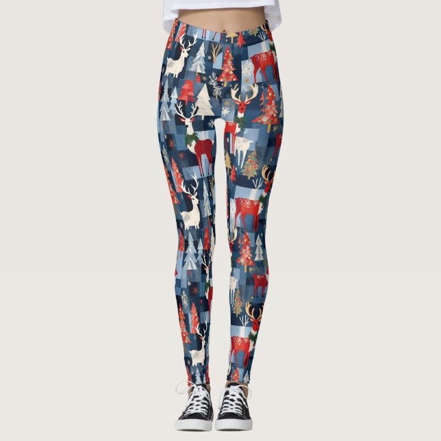 Leggings Denim Patchwork Árboles de Navidad y renos (Anverso)