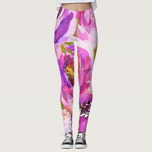 Leggings Destellos de Floral Vibrante de Rosa y Purpura  (Anverso)