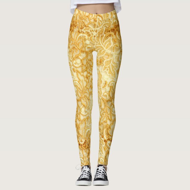 Leggings Detalles de tela de encaje dorado, tela. (Anverso)
