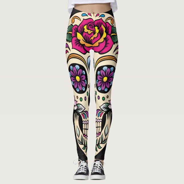 Leggings Día de la Calavera Azúcar Muerta con Rosa (Anverso)