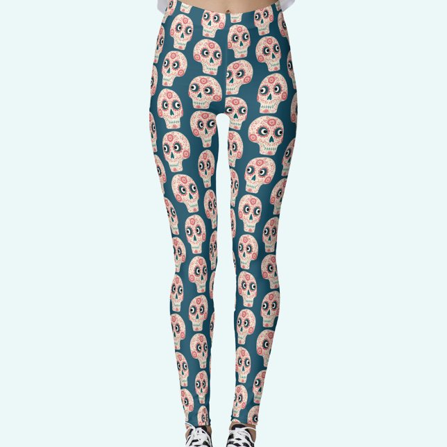 Leggings Día de la Calavera del Azúcar Verde oscuro muerto (Teal green Sugar Skull Day of the Dead leggings)