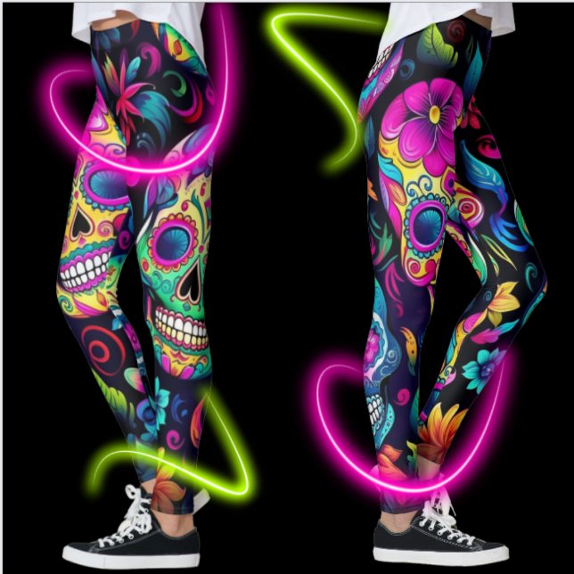 Leggings Día de los Cránulos de Azúcar de Neón Muerto (Bold sugar skulls on leggings for your holiday and winter festivities.  Statement making!)