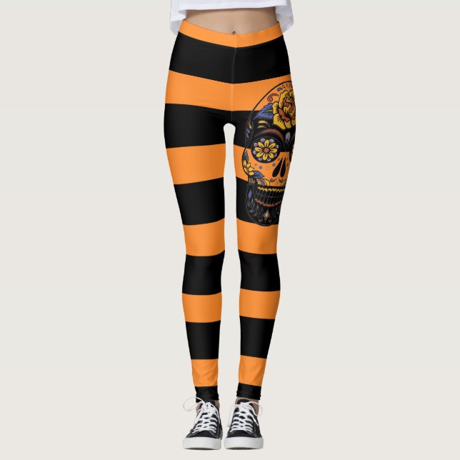 Leggings Dia De Los Muertos Naranja Skull Negro Y Azúcar (Anverso)