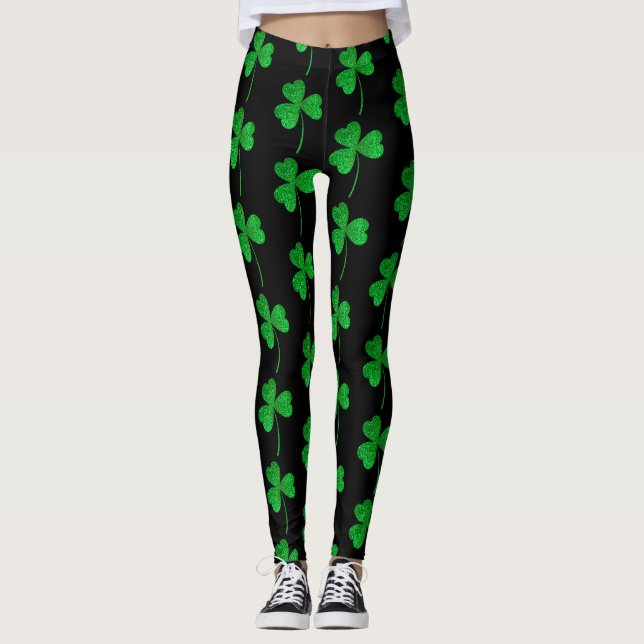Leggings Día de San Patricio Verde Brillo Falso Trébol (Anverso)