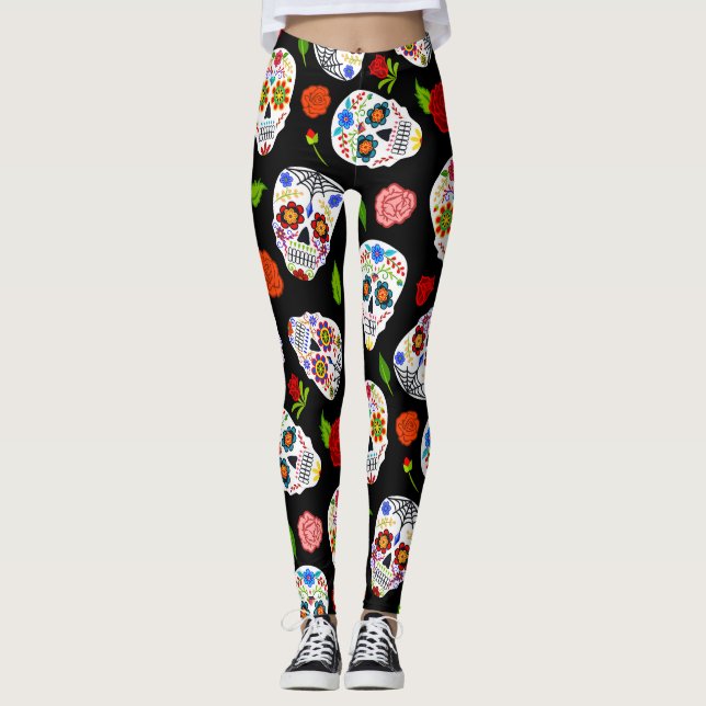Leggings Dia Los Muertos: patrón de cráneos de azúcar. (Anverso)