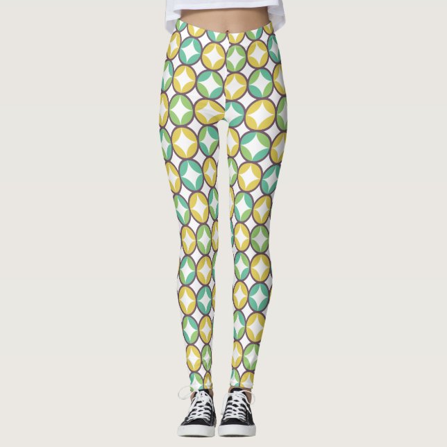 Leggings Diamante retro en patrón circular Oro verde azul (Anverso)