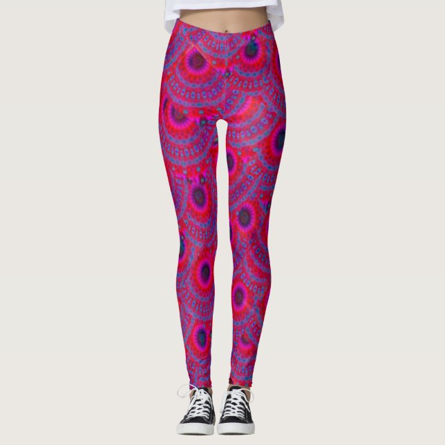 Leggings Dibujo abstracto MODERNO en mosaico rosa-rojo-azul (Anverso)