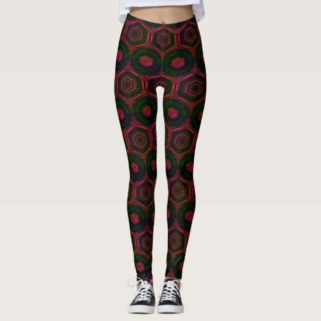 Leggings Dibujo abstracto MODERNO en mosaico-verde-rojo-ros (Anverso)