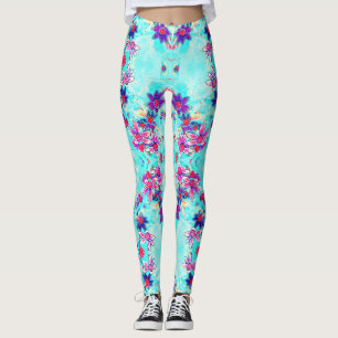 Leggings Dibujo de Flor Morada de Niña Bonita sobre Azul Ac