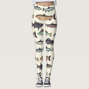 Leggings Dibujos de peces de época, patrón sin costuras.