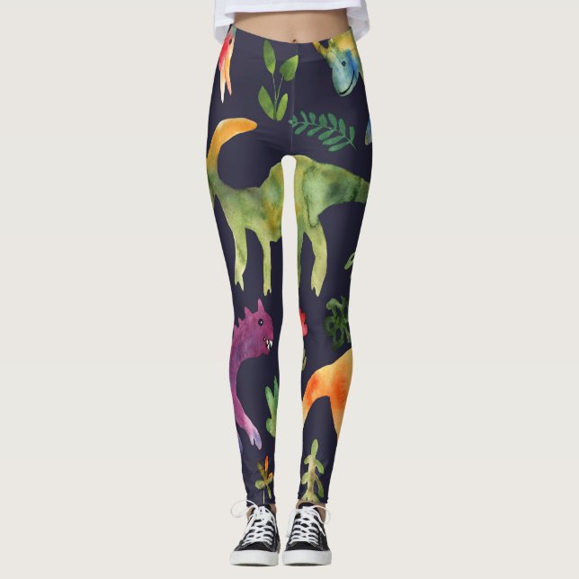 Leggings Dinosaurios florales: Diseño de tela acuarela (Anverso)