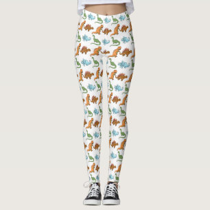 Leggings Dinosaurios Ilustrados Cuestos Sobre Patrón Blanco