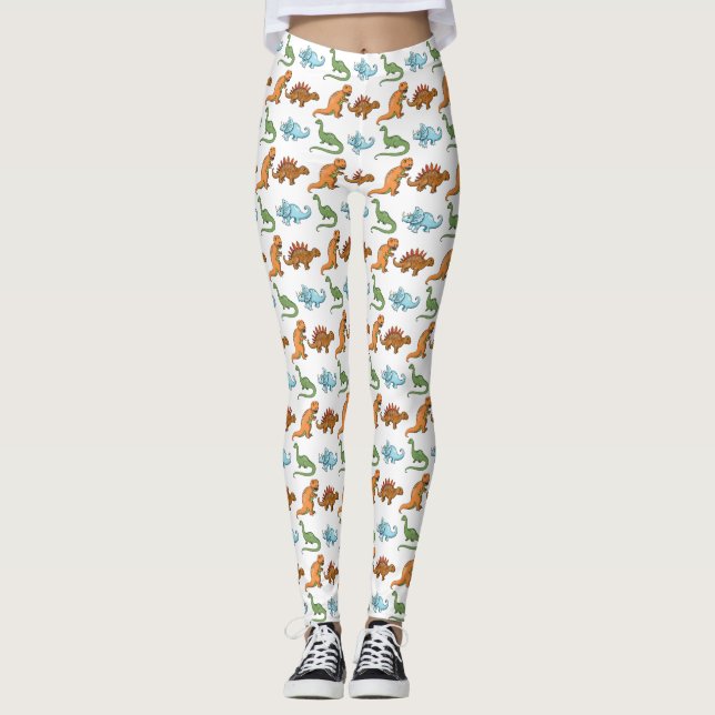 Leggings Dinosaurios Ilustrados Cuestos Sobre Patrón Blanco (Anverso)